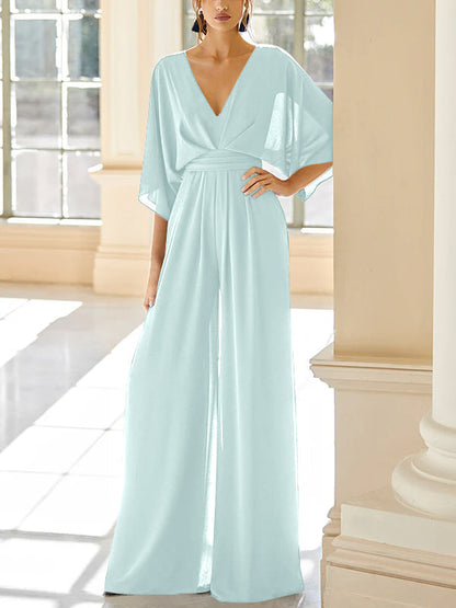 Chiffon V-Neck Mother of the Bride Pantsuits with Pockets