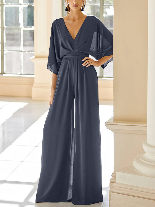 Chiffon V-Neck Mother of the Bride Pantsuits with Pockets