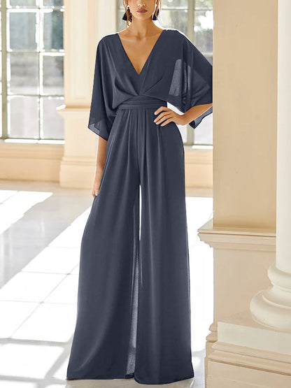Chiffon V-Neck Mother of the Bride Pantsuits with Pockets