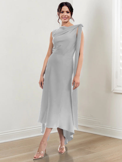 Sheath/Column Jewel Neck Tea-Length Asymmetrical Mother of the Bride Dresses with Ruched