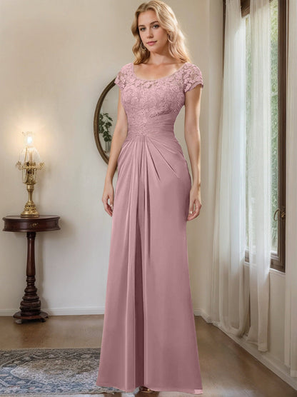 Sheath/Column Scoop Floor-Length Chiffon Mother of the Bride Dresses With Lace Ruffle