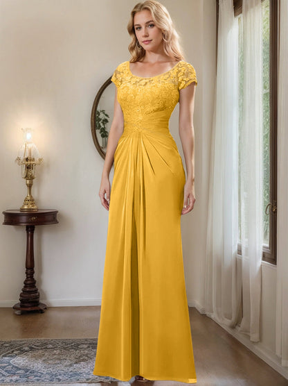 Sheath/Column Scoop Floor-Length Chiffon Mother of the Bride Dresses With Lace Ruffle