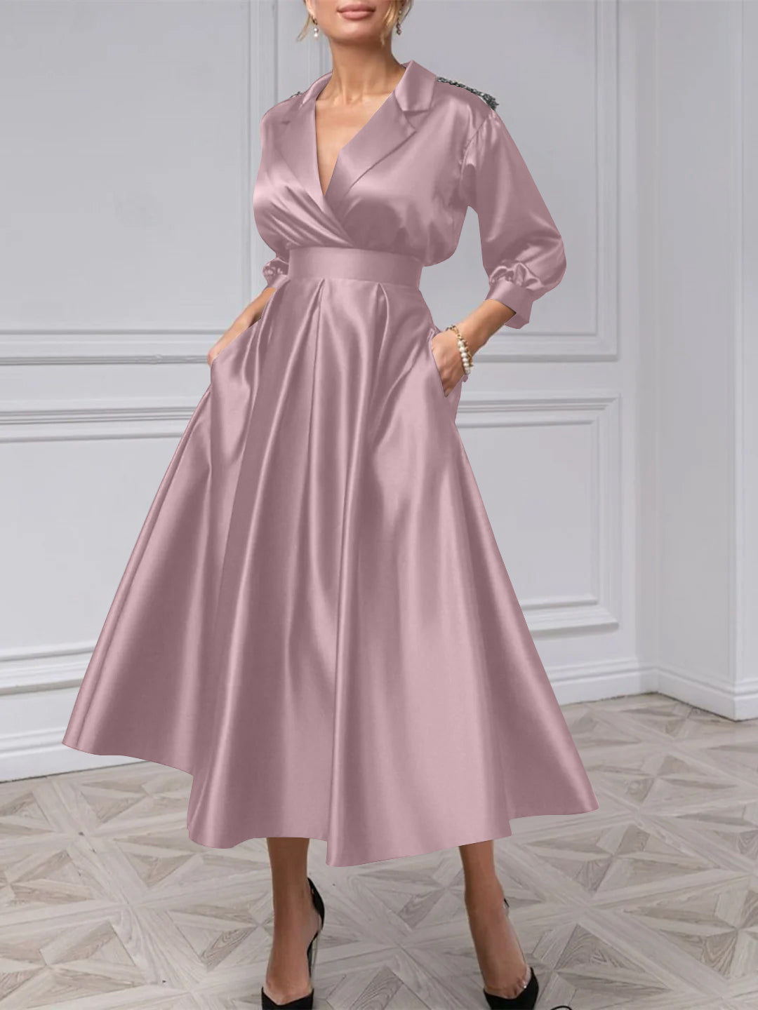 A-Line/Princess V-Neck 3/4 Sleeves Mother Of The Bride Dresses With Beading