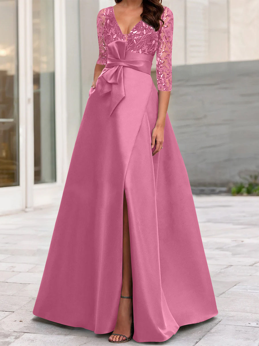 A-Line/Princess V-Neck Floor-Length Mother of the Bride Dresses with Split Side Ruffles Sequins Bow(s)