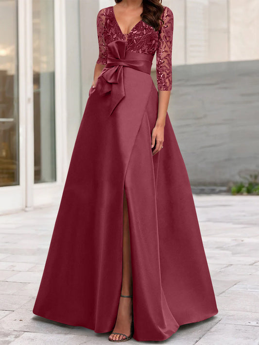 A-Line/Princess V-Neck Floor-Length Mother of the Bride Dresses with Split Side Ruffles Sequins Bow(s)