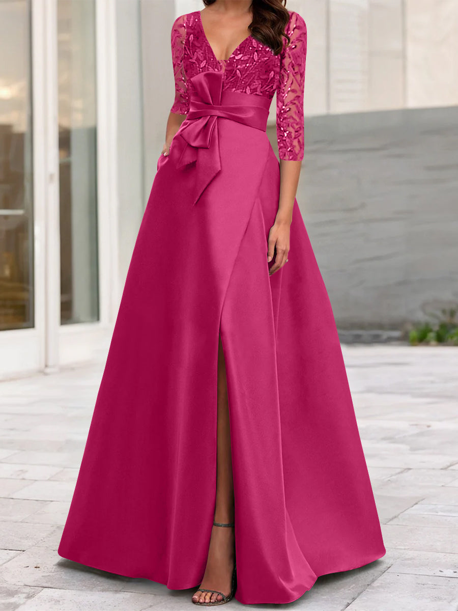 A-Line/Princess V-Neck Floor-Length Mother of the Bride Dresses with Split Side Ruffles Sequins Bow(s)