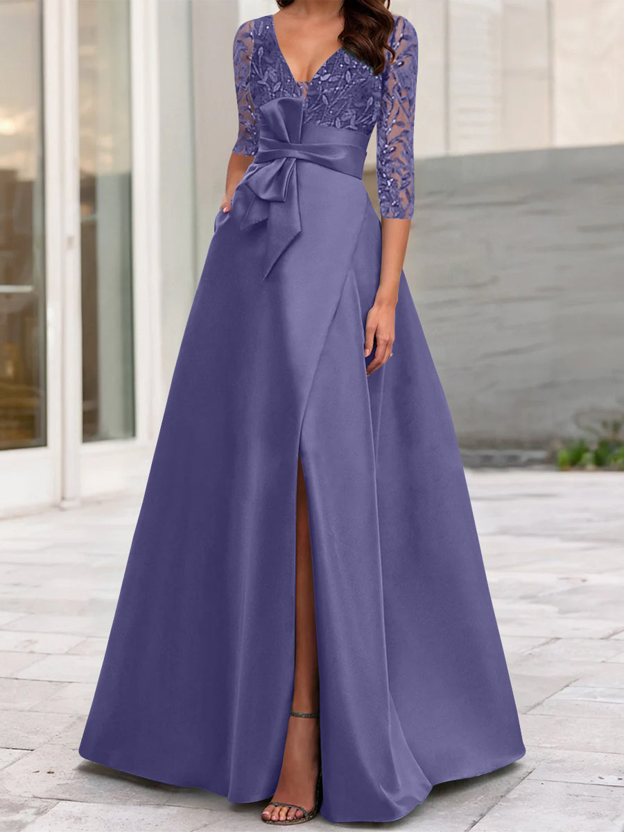 A-Line/Princess V-Neck Floor-Length Mother of the Bride Dresses with Split Side Ruffles Sequins Bow(s)