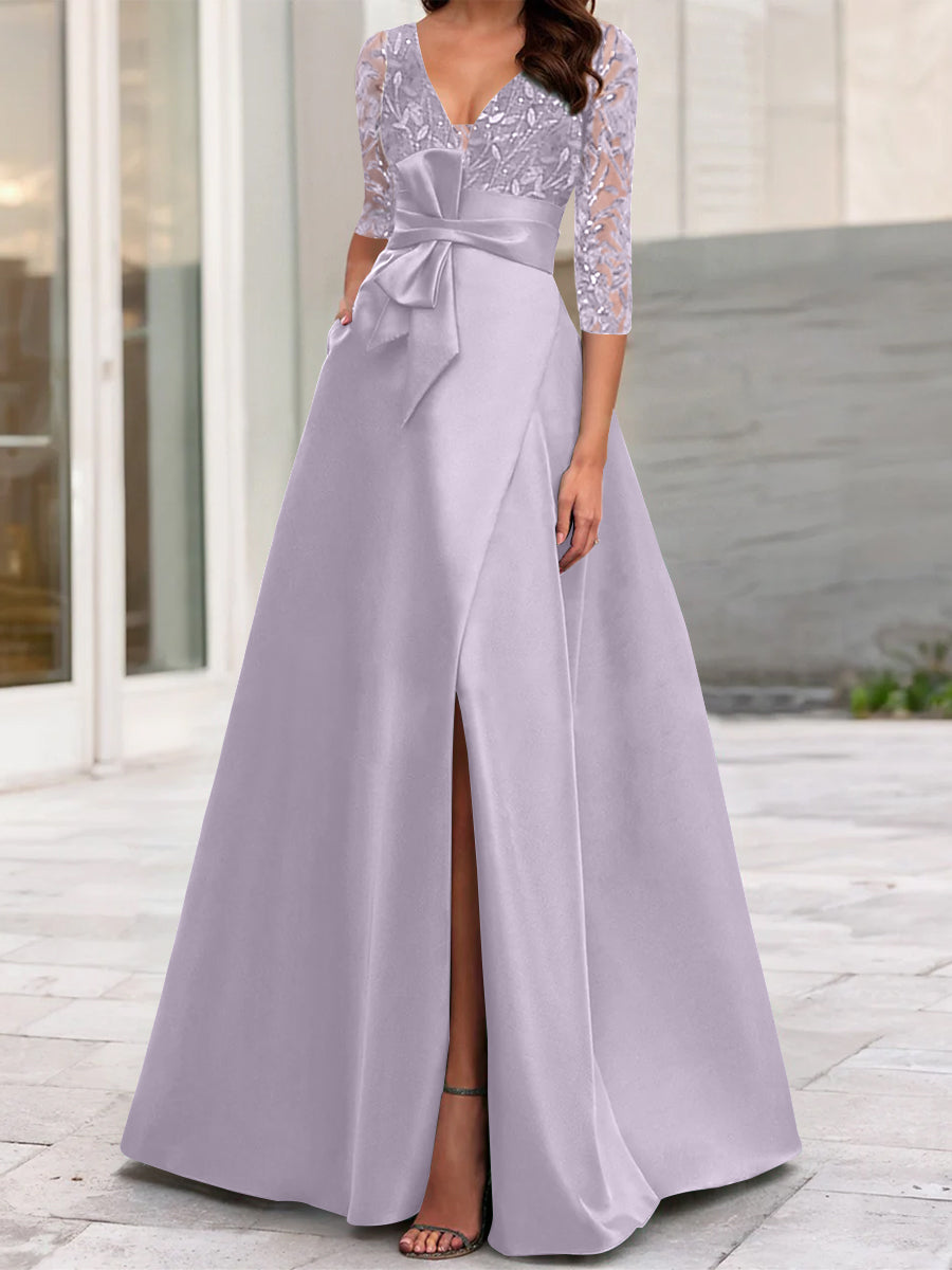 A-Line/Princess V-Neck Floor-Length Mother of the Bride Dresses with Split Side Ruffles Sequins Bow(s)