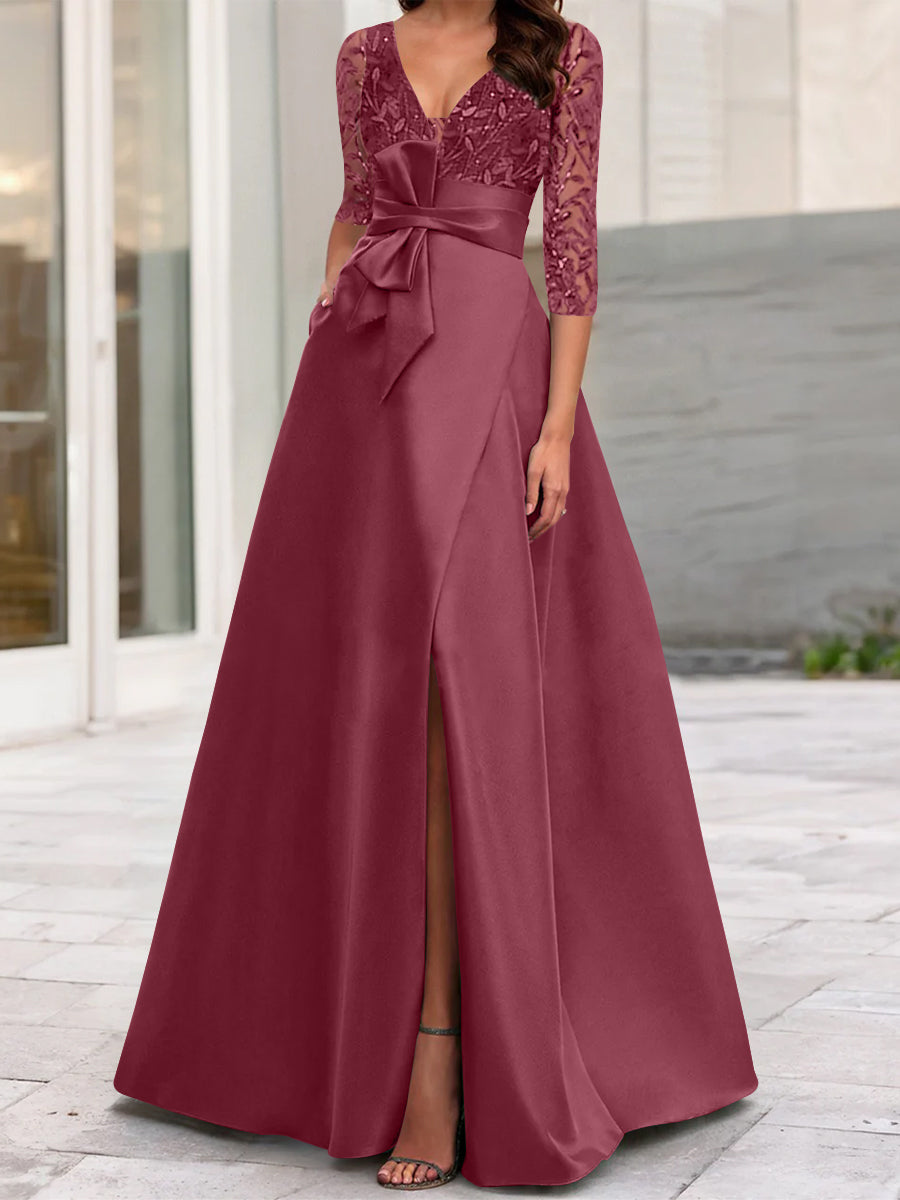 A-Line/Princess V-Neck Floor-Length Mother of the Bride Dresses with Split Side Ruffles Sequins Bow(s)