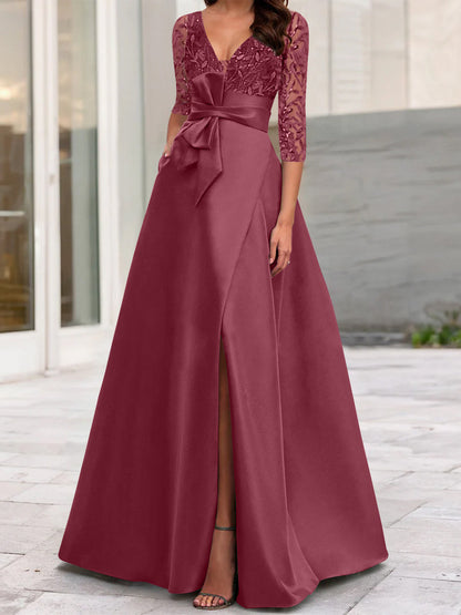 A-Line/Princess V-Neck Floor-Length Mother of the Bride Dresses with Split Side Ruffles Sequins Bow(s)
