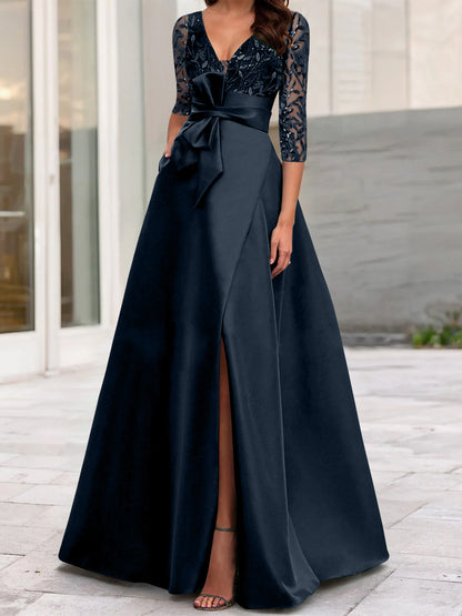 A-Line/Princess V-Neck Floor-Length Mother of the Bride Dresses with Split Side Ruffles Sequins Bow(s)