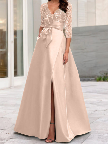 A-Line/Princess V-Neck Floor-Length Mother of the Bride Dresses with Split Side Ruffles Sequins Bow(s)