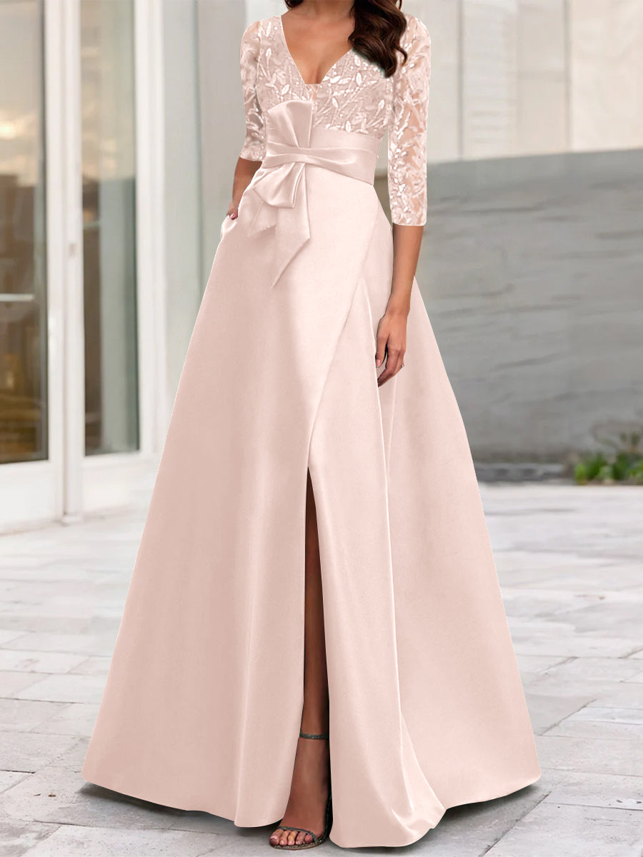 A-Line/Princess V-Neck Floor-Length Mother of the Bride Dresses with Split Side Ruffles Sequins Bow(s)