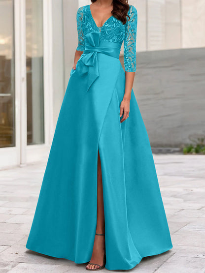 A-Line/Princess V-Neck Floor-Length Mother of the Bride Dresses with Split Side Ruffles Sequins Bow(s)