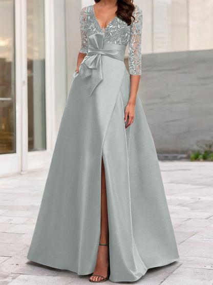 A-Line/Princess V-Neck Floor-Length Mother of the Bride Dresses with Split Side Ruffles Sequins Bow(s)