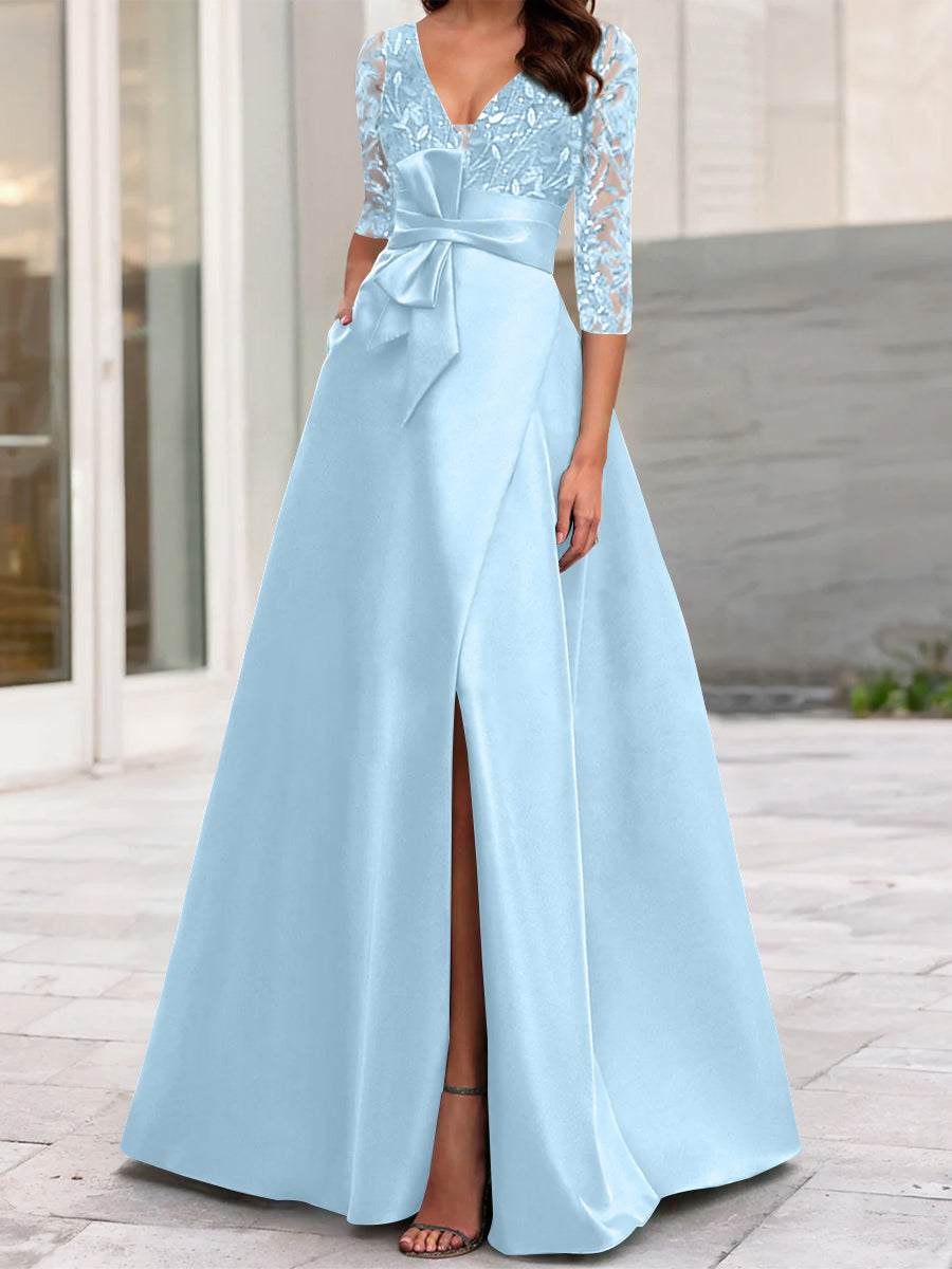 A-Line/Princess V-Neck Floor-Length Mother of the Bride Dresses with Split Side Ruffles Sequins Bow(s)