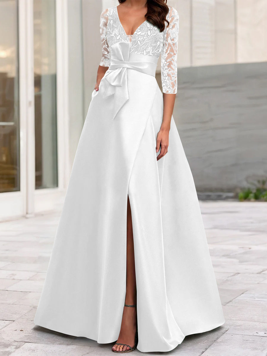 A-Line/Princess V-Neck Floor-Length Mother of the Bride Dresses with Split Side Ruffles Sequins Bow(s)