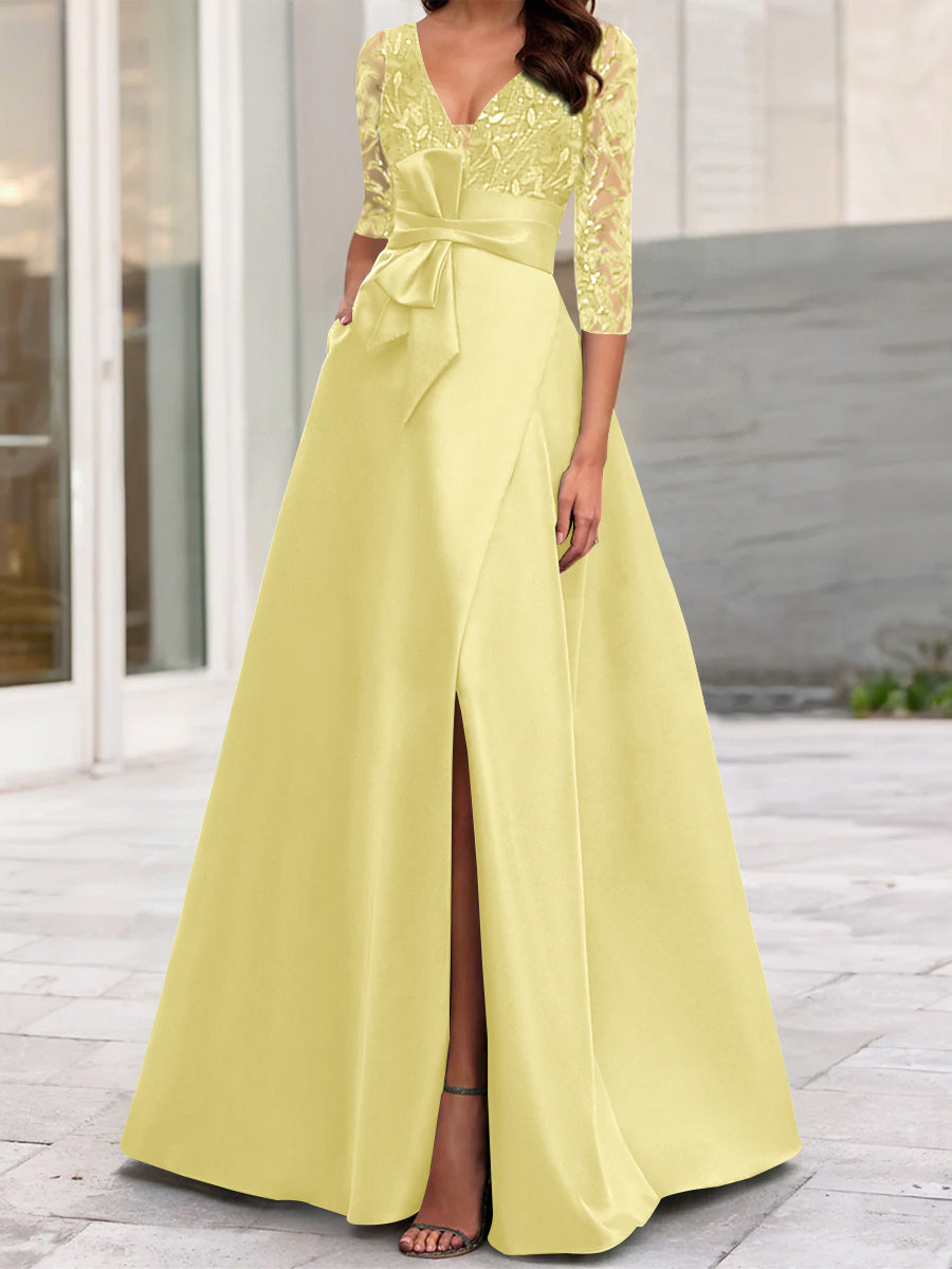 A-Line/Princess V-Neck Floor-Length Mother of the Bride Dresses with Split Side Ruffles Sequins Bow(s)