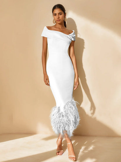 Sheath/Column Off-the-Shoulder Short Sleeves Tea-Length Unique Mother of the Bride Dresses with Feathers