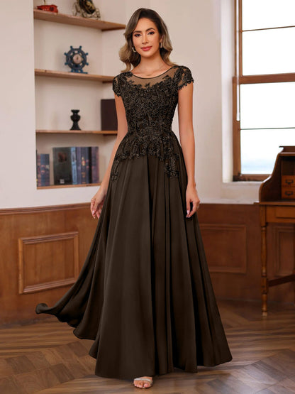 A-Line/Princess Scoop Neck Short Sleeves Floor-Length Mother of the Bride Dresses with Appliques