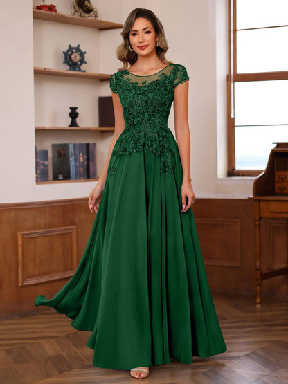 A-Line/Princess Scoop Neck Short Sleeves Floor-Length Mother of the Bride Dresses with Appliques