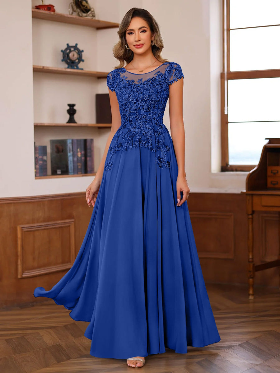 A-Line/Princess Scoop Neck Short Sleeves Floor-Length Mother of the Bride Dresses with Appliques