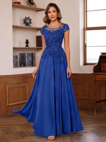 A-Line/Princess Scoop Neck Short Sleeves Floor-Length Mother of the Bride Dresses with Appliques