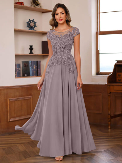 A-Line/Princess Scoop Neck Short Sleeves Floor-Length Mother of the Bride Dresses with Appliques