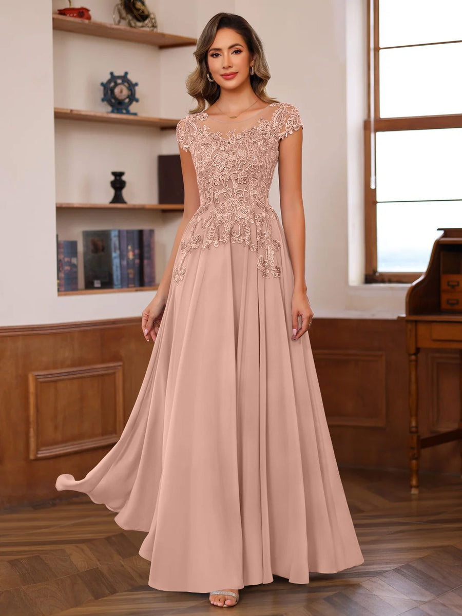 A-Line/Princess Scoop Neck Short Sleeves Floor-Length Mother of the Bride Dresses with Appliques