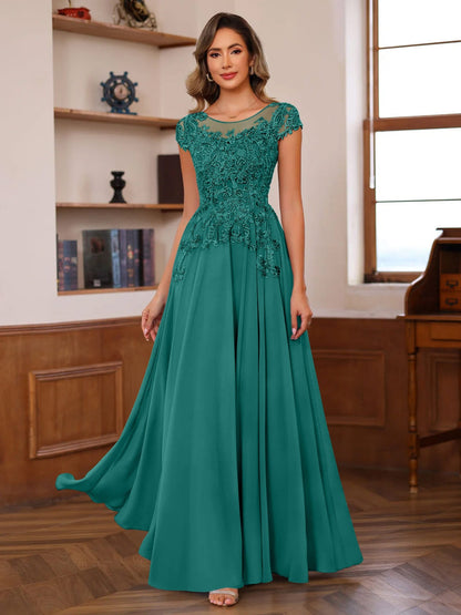 A-Line/Princess Scoop Neck Short Sleeves Floor-Length Mother of the Bride Dresses with Appliques