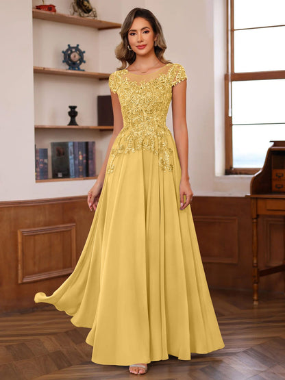 A-Line/Princess Scoop Neck Short Sleeves Floor-Length Mother of the Bride Dresses with Appliques