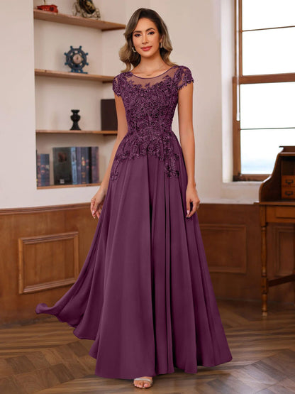 A-Line/Princess Scoop Neck Short Sleeves Floor-Length Mother of the Bride Dresses with Appliques