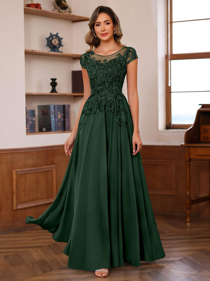 A-Line/Princess Scoop Neck Short Sleeves Floor-Length Mother of the Bride Dresses with Appliques