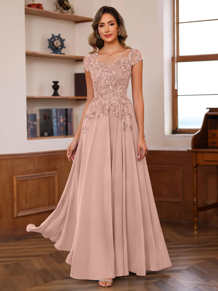 A-Line/Princess Scoop Neck Short Sleeves Floor-Length Mother of the Bride Dresses with Appliques