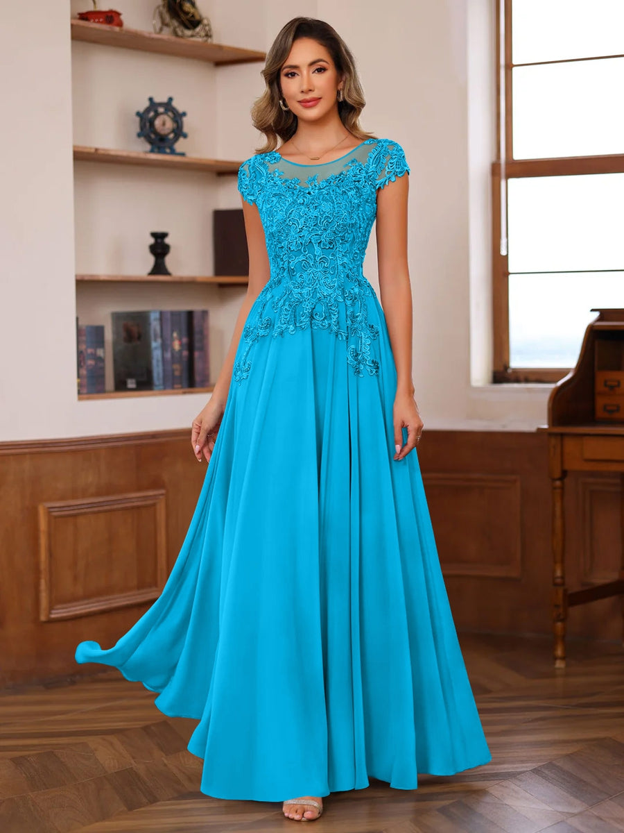 A-Line/Princess Scoop Neck Short Sleeves Floor-Length Mother of the Bride Dresses with Appliques