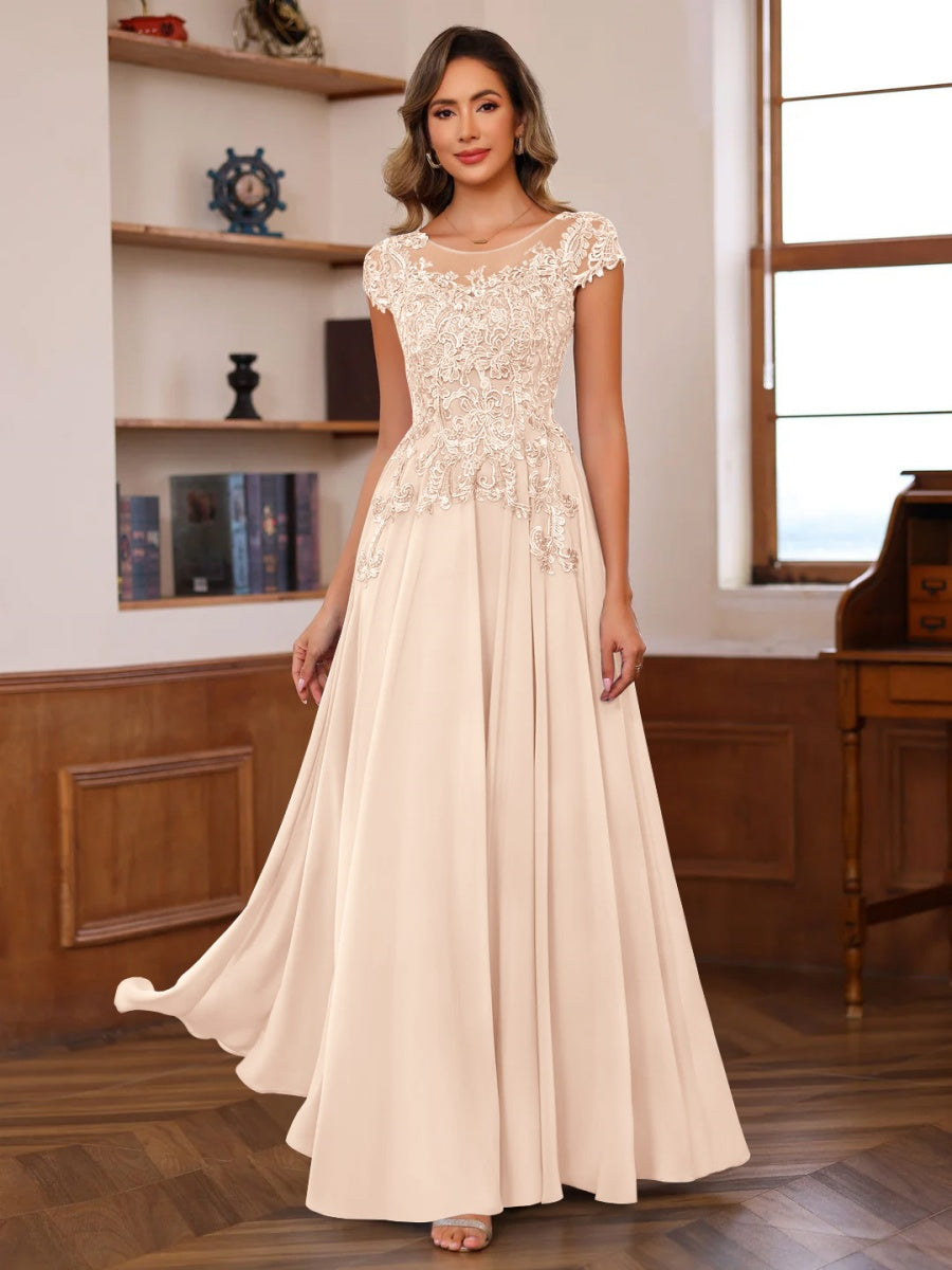 A-Line/Princess Scoop Neck Short Sleeves Floor-Length Mother of the Bride Dresses with Appliques