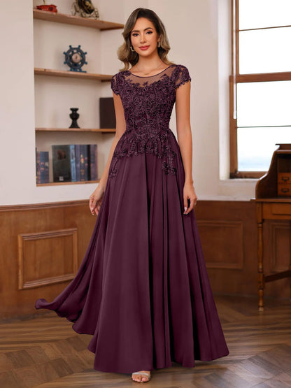 A-Line/Princess Scoop Neck Short Sleeves Floor-Length Mother of the Bride Dresses with Appliques