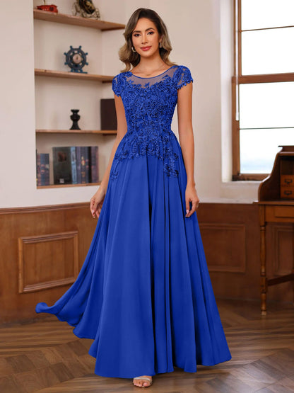 A-Line/Princess Scoop Neck Short Sleeves Floor-Length Mother of the Bride Dresses with Appliques
