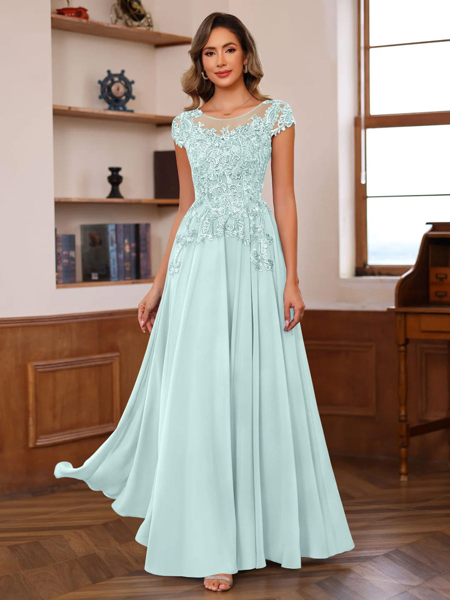 A-Line/Princess Scoop Neck Short Sleeves Floor-Length Mother of the Bride Dresses with Appliques