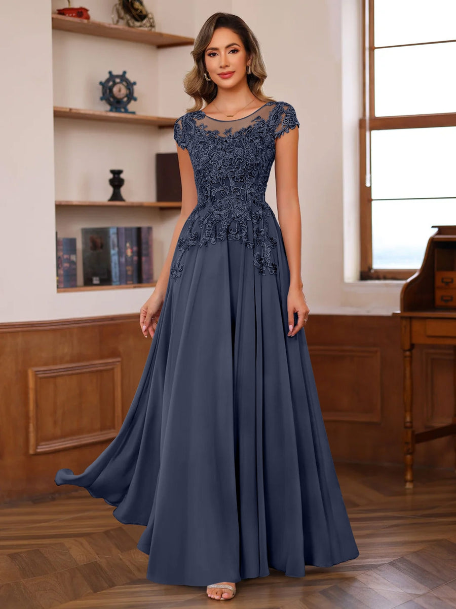 A-Line/Princess Scoop Neck Short Sleeves Floor-Length Mother of the Bride Dresses with Appliques