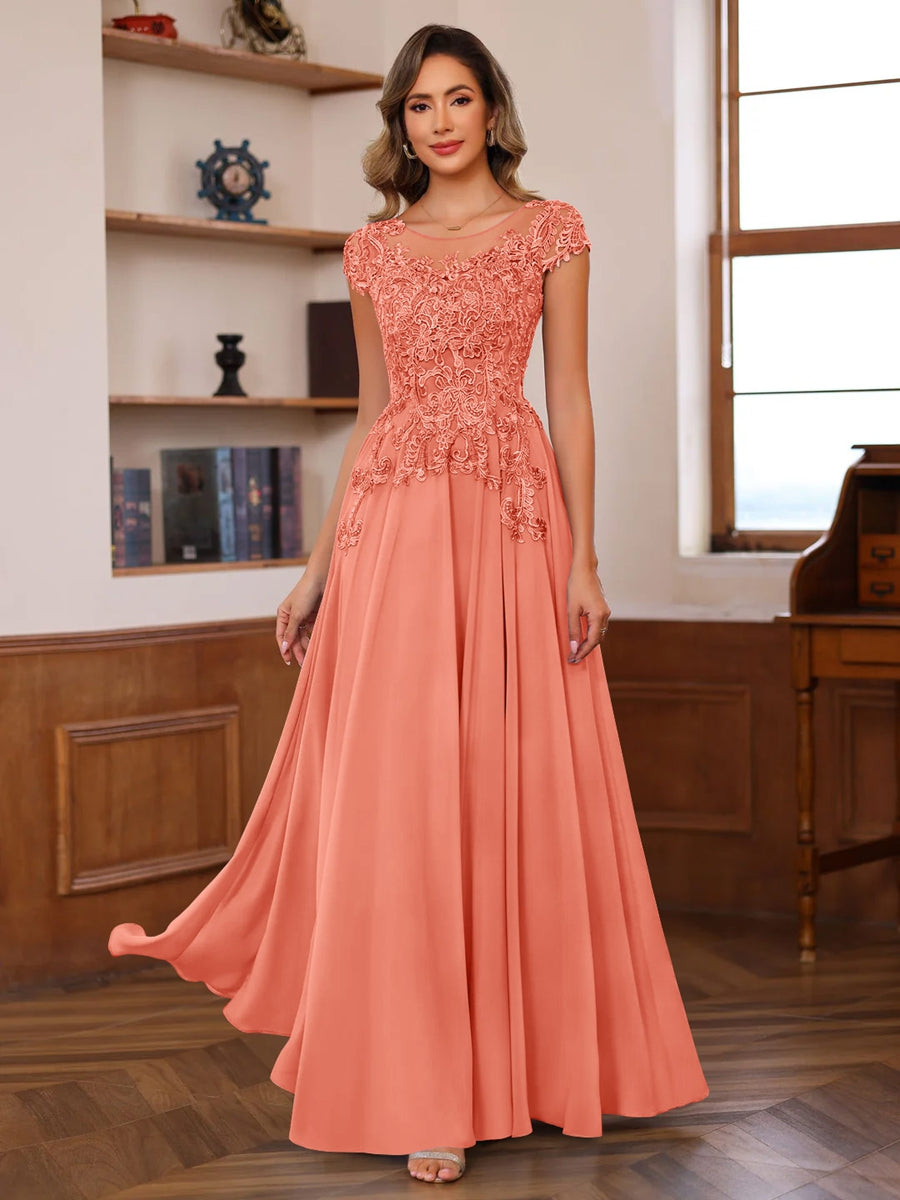 A-Line/Princess Scoop Neck Short Sleeves Floor-Length Mother of the Bride Dresses with Appliques