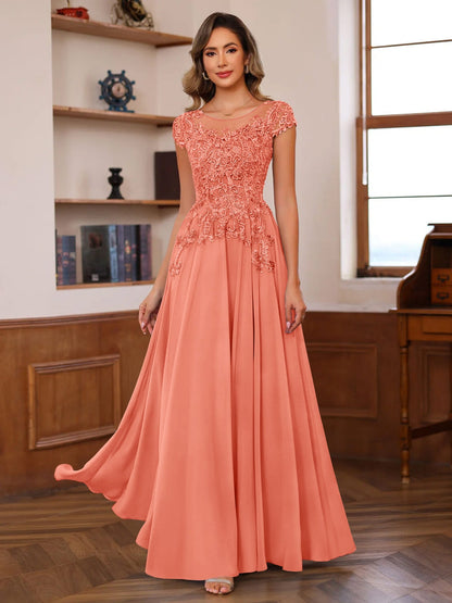 A-Line/Princess Scoop Neck Short Sleeves Floor-Length Mother of the Bride Dresses with Appliques