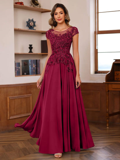 A-Line/Princess Scoop Neck Short Sleeves Floor-Length Mother of the Bride Dresses with Appliques
