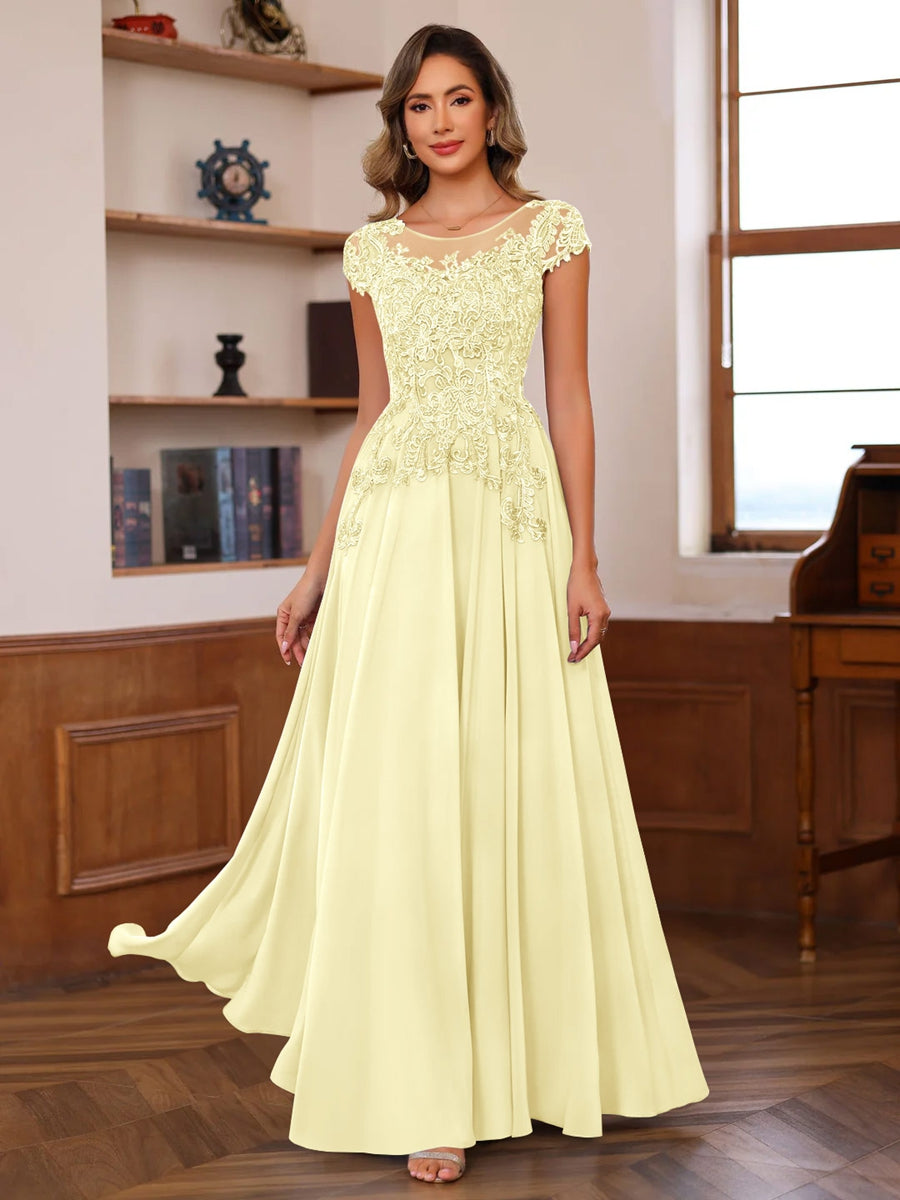 A-Line/Princess Scoop Neck Short Sleeves Floor-Length Mother of the Bride Dresses with Appliques