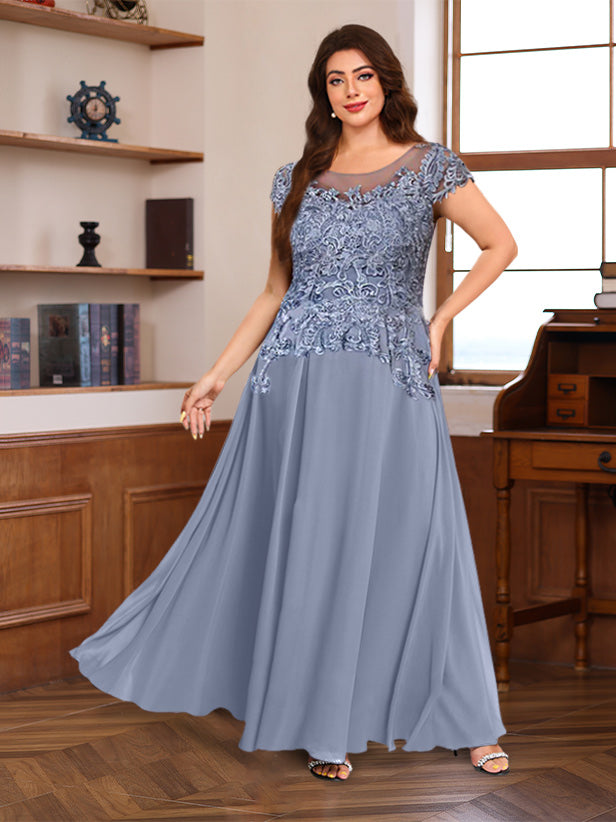 A-Line/Princess Scoop Neck Short Sleeves Floor-Length Mother of the Bride Dresses with Appliques