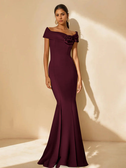 Trumpet/Mermaid Off-the-Shoulder Minimalist Mother of the Bride Dresses with Detachable Flower