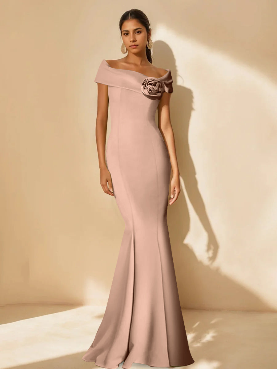 Trumpet/Mermaid Off-the-Shoulder Minimalist Mother of the Bride Dresses with Detachable Flower