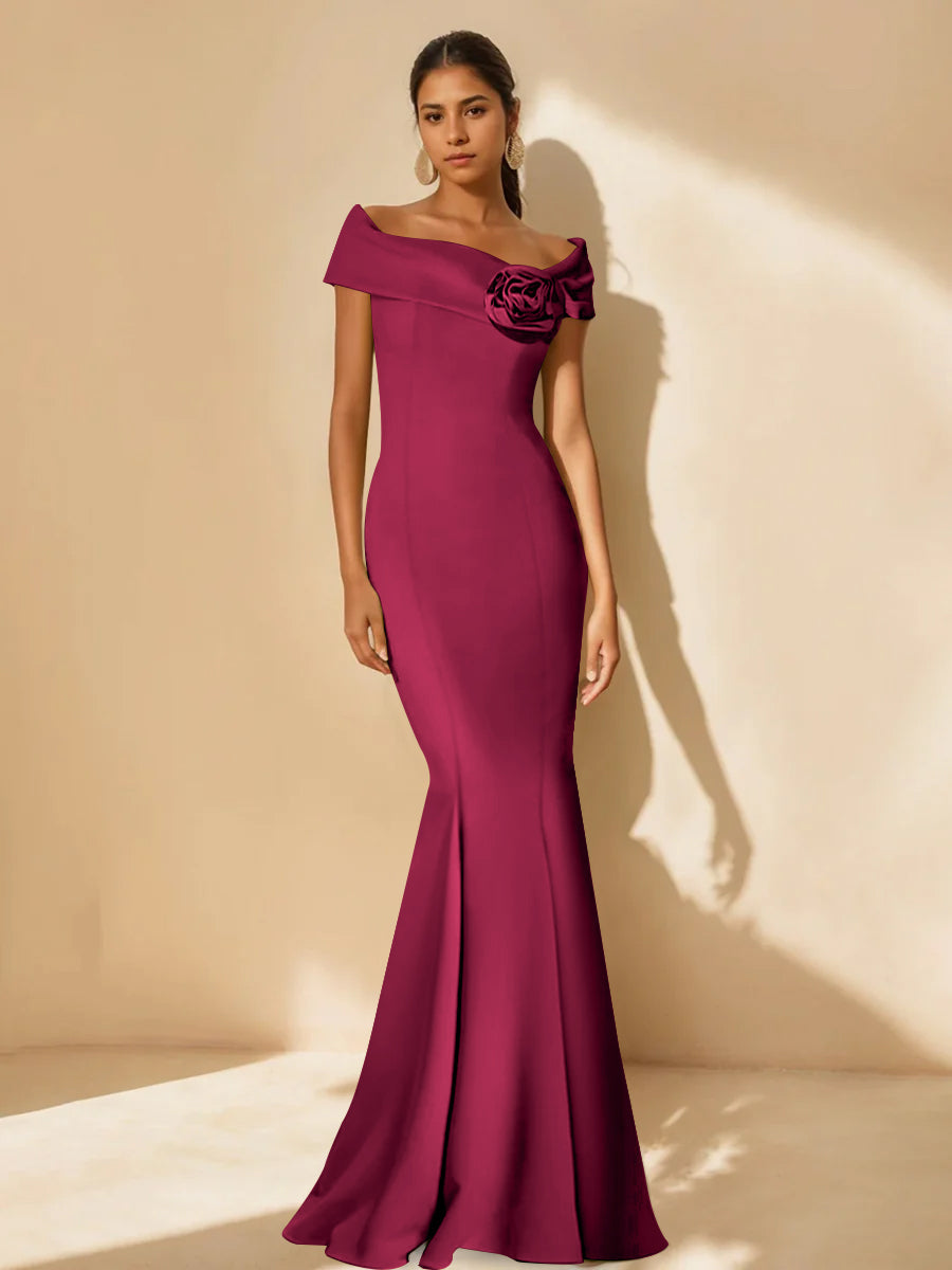 Trumpet/Mermaid Off-the-Shoulder Minimalist Mother of the Bride Dresses with Detachable Flower