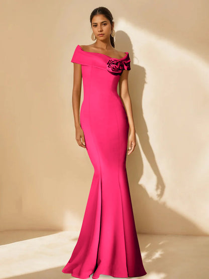 Trumpet/Mermaid Off-the-Shoulder Minimalist Mother of the Bride Dresses with Detachable Flower