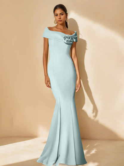 Trumpet/Mermaid Off-the-Shoulder Minimalist Mother of the Bride Dresses with Detachable Flower